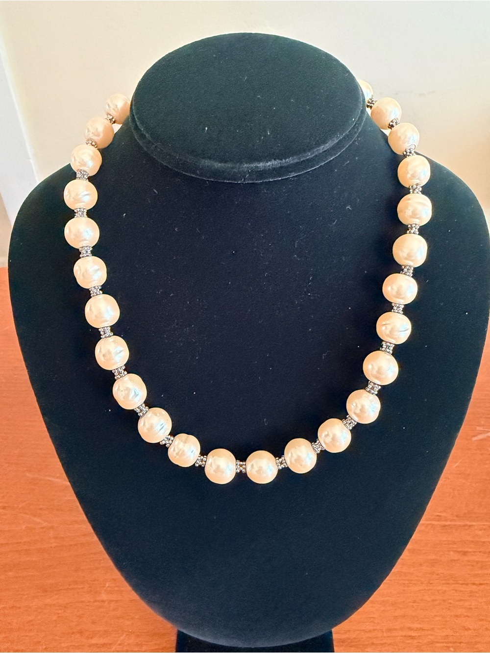 Carolee Faux Pearl Necklace Crystal Rhinestone Spacers Heart Charm